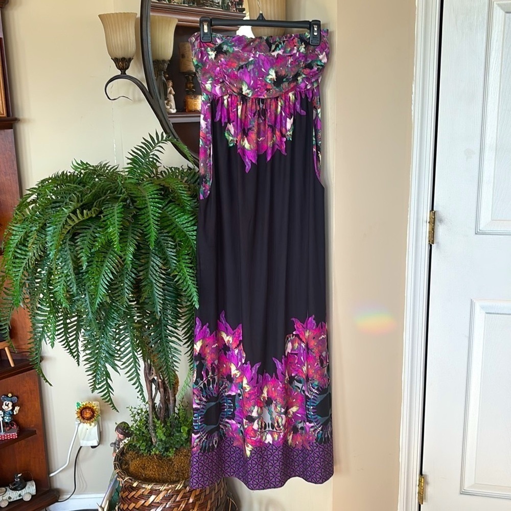 Soma Strapless Maxi Dress Black Purple Floral w/ Pockets